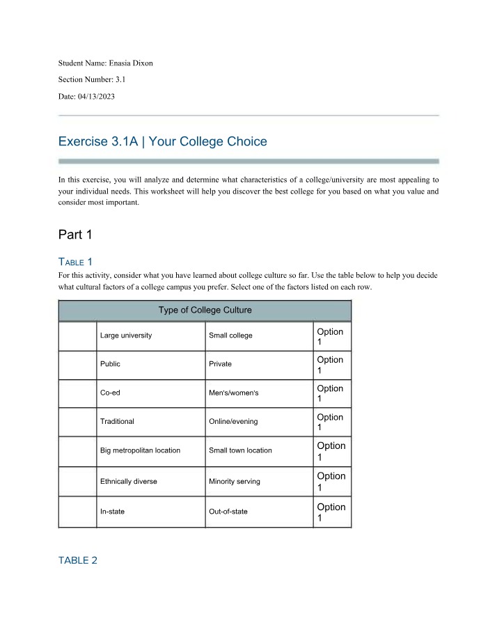 Your College Choice - Exercise 3.1A