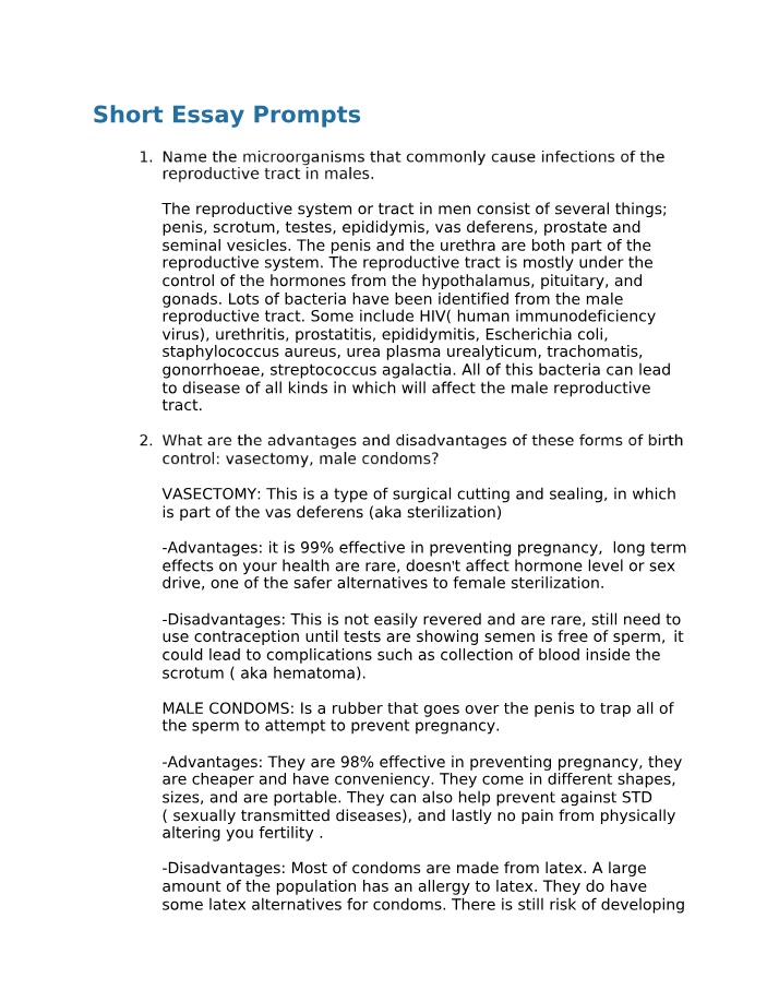 Essay Prompts - Male Reproductive Tract Infections and Birth Control