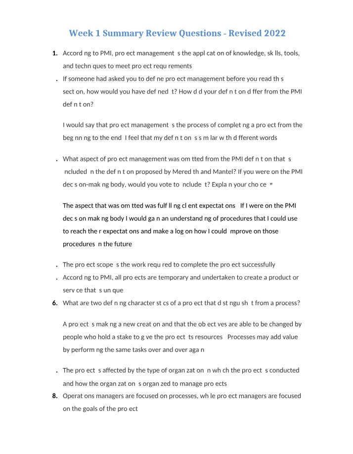 Week 1 Summary Review Questions - 2022 Revision