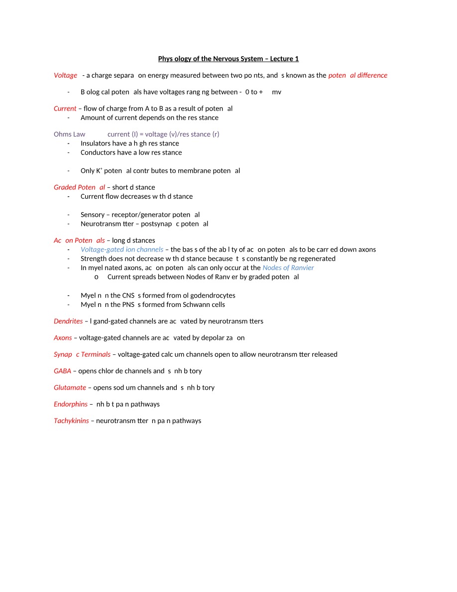 Lectures 1-8 - Physiology of the Nervous System