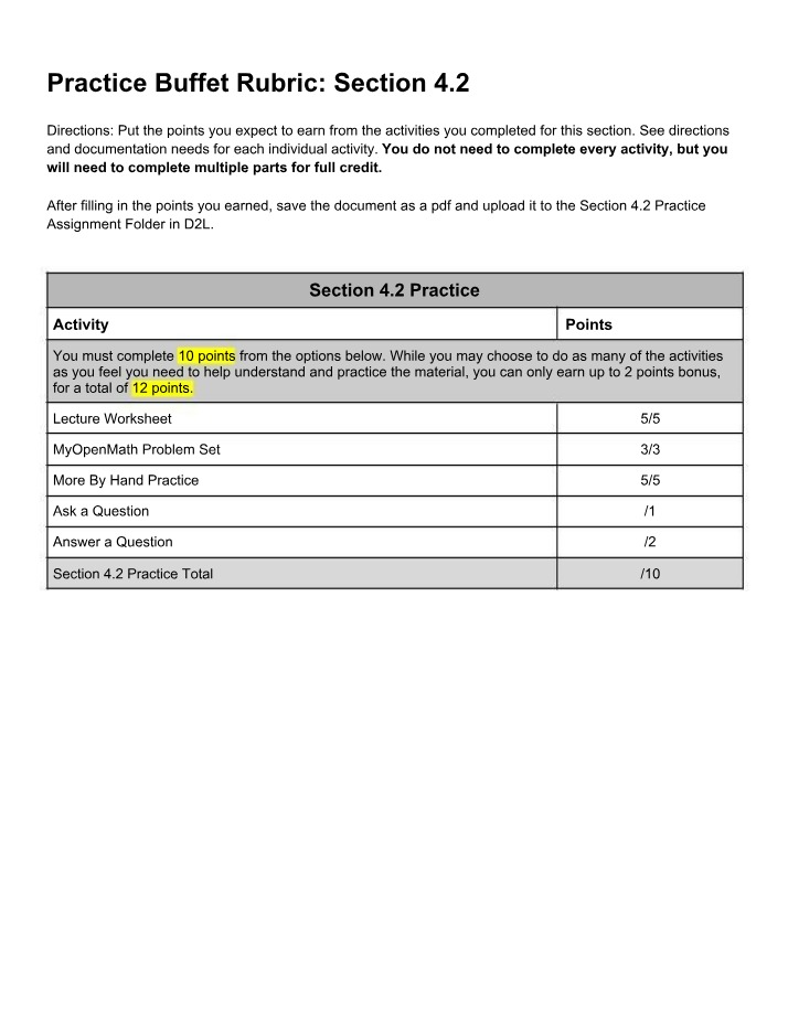 Rubric for Section 4.2 Practice Buffet