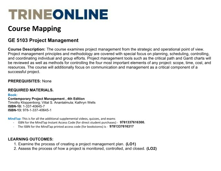 Project Management Course Mapping (GE 5103)