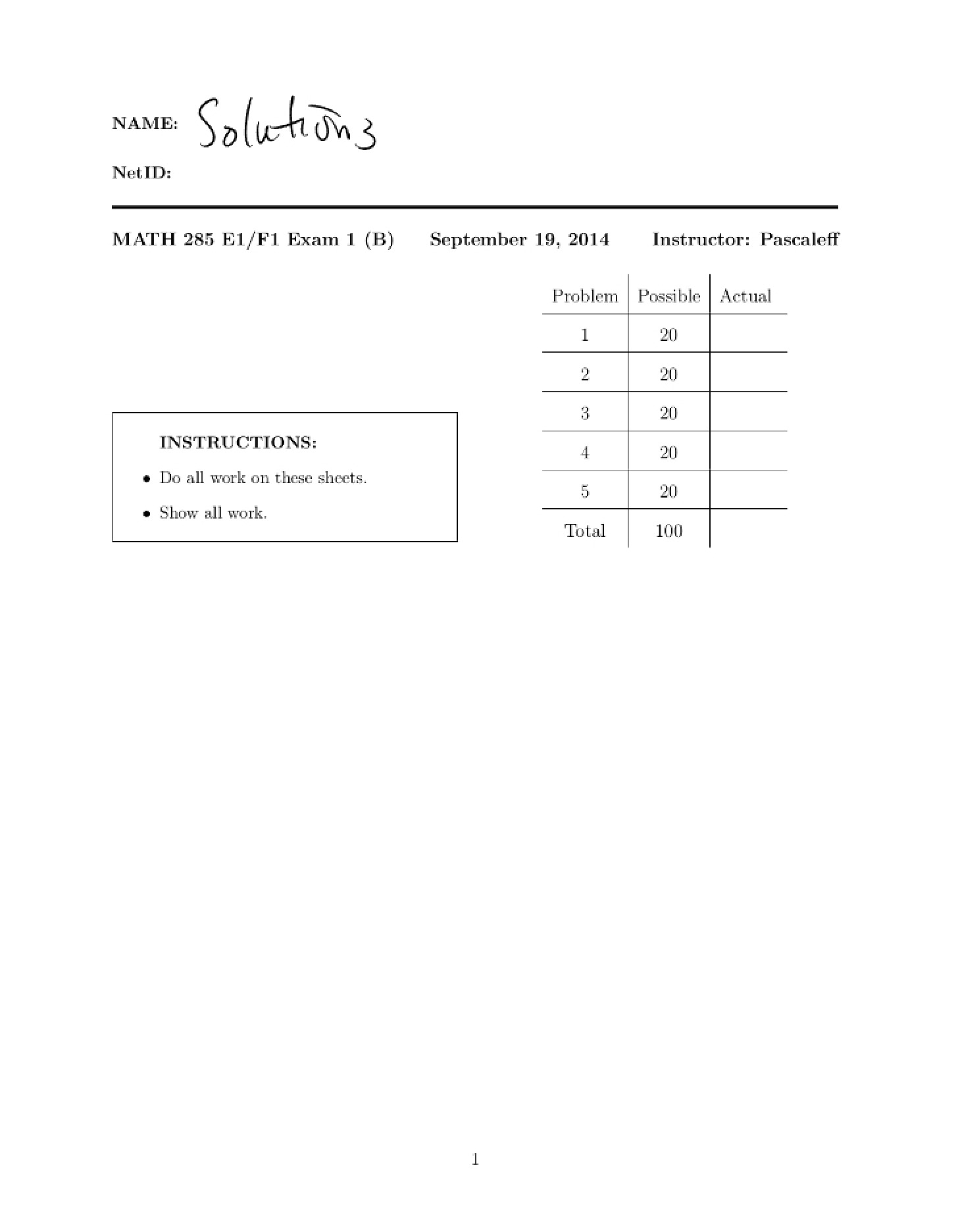 Solutions to Exam 1B