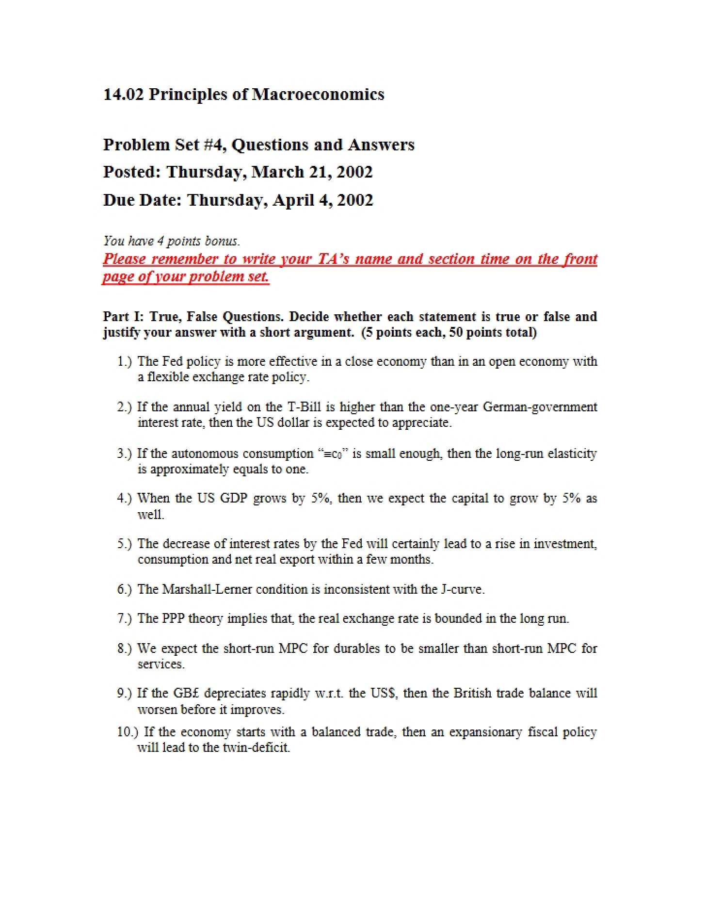 Problem Set Four Macro Principles