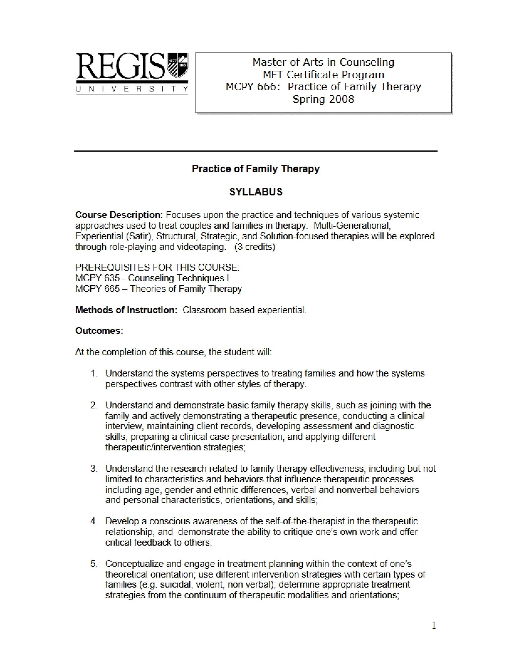 Family Therapy Practicum Syllabus