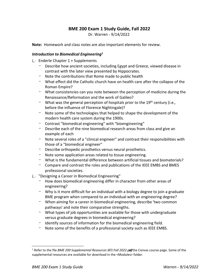 Study Guide for BME 200 Exam 1