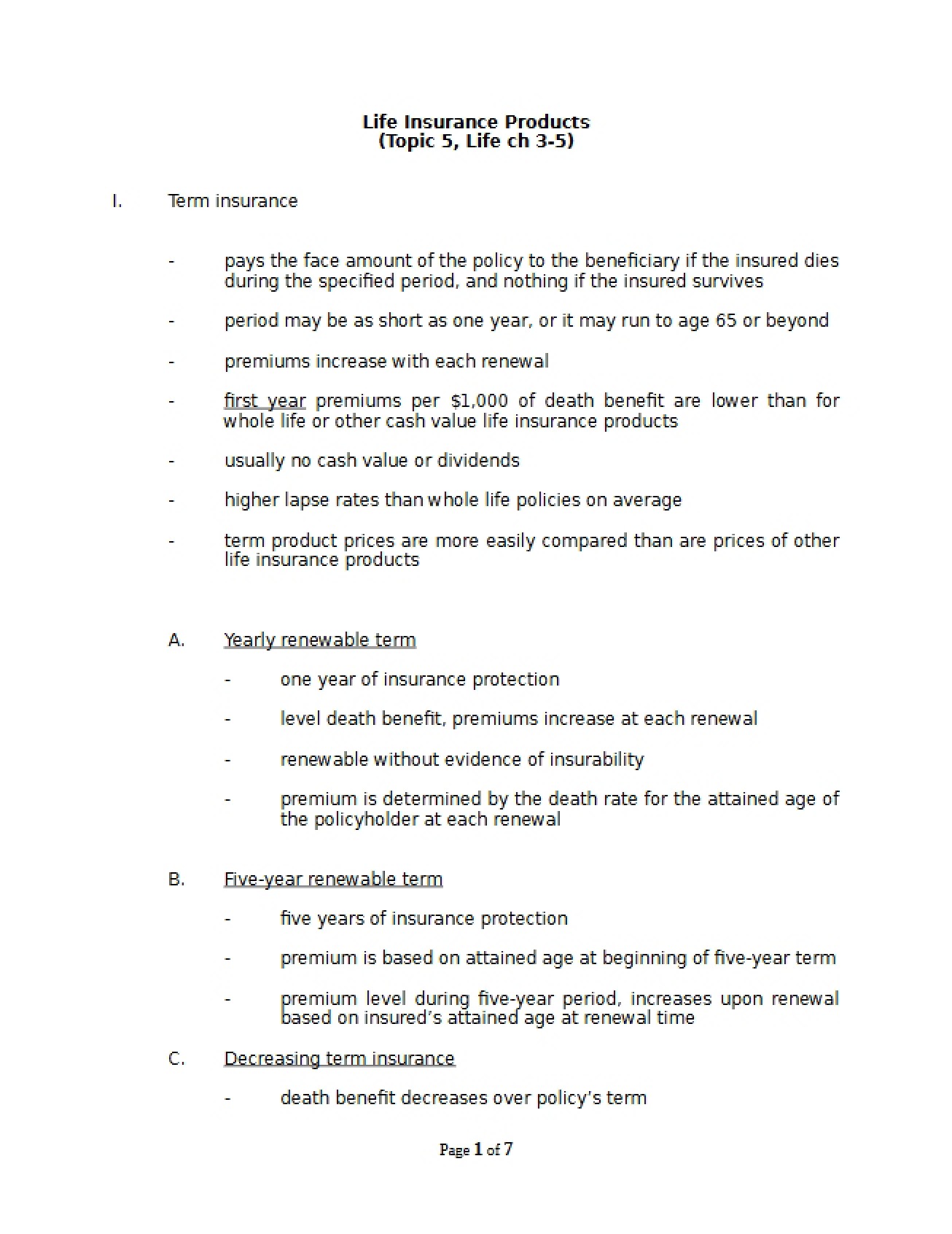 Life Insurance Products (Topic Five)