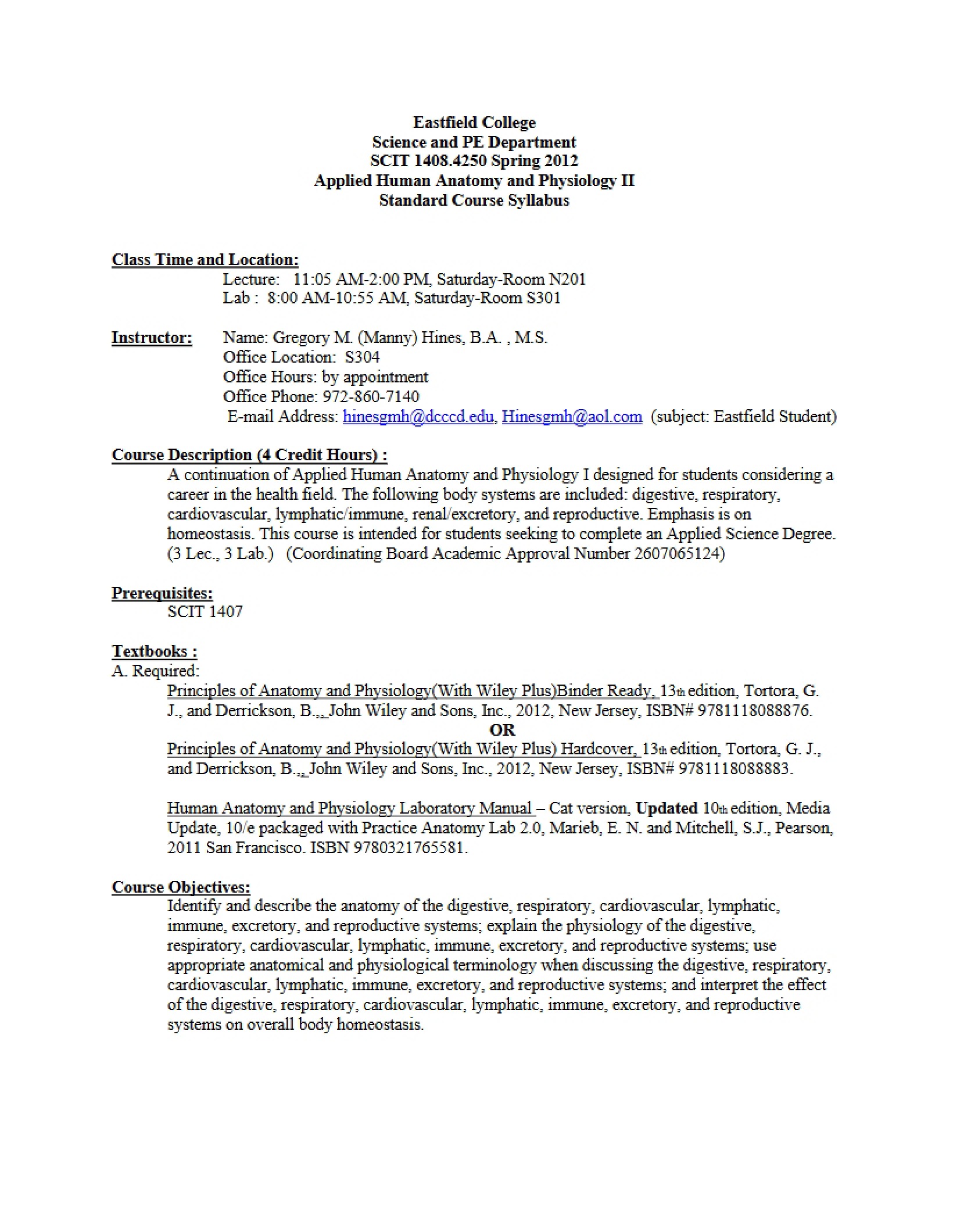 Applied Human Anatomy and Physiology II Syllabus - Applied Human Anatomy-phys II