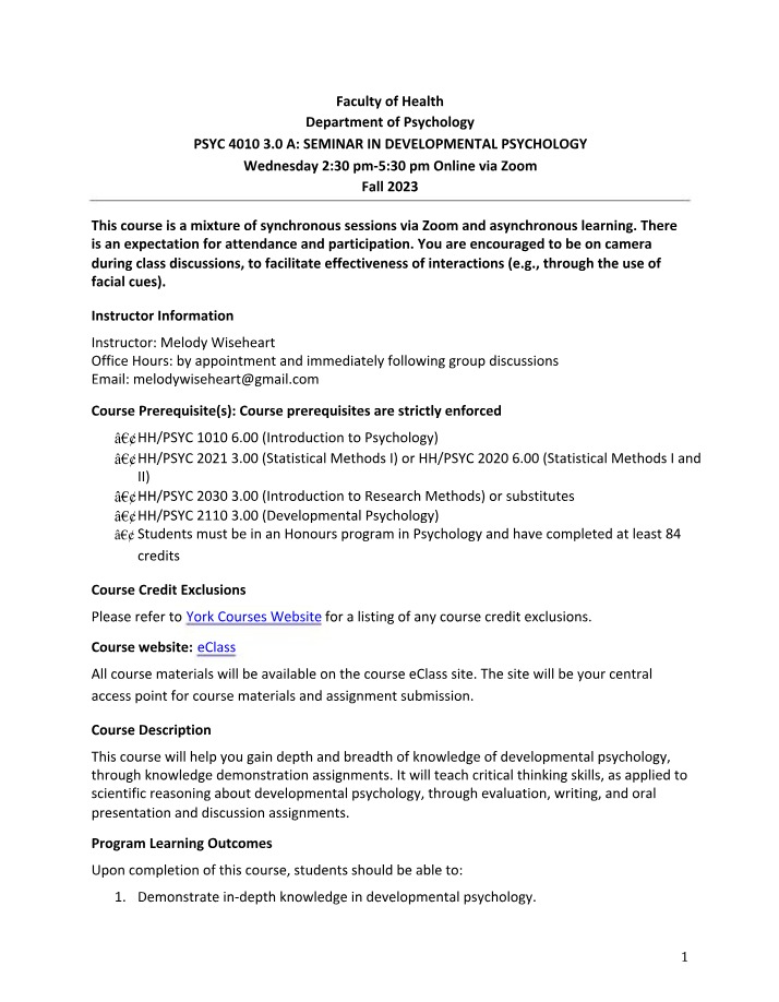Zoom Sessions for Seminar in Developmental Psychology