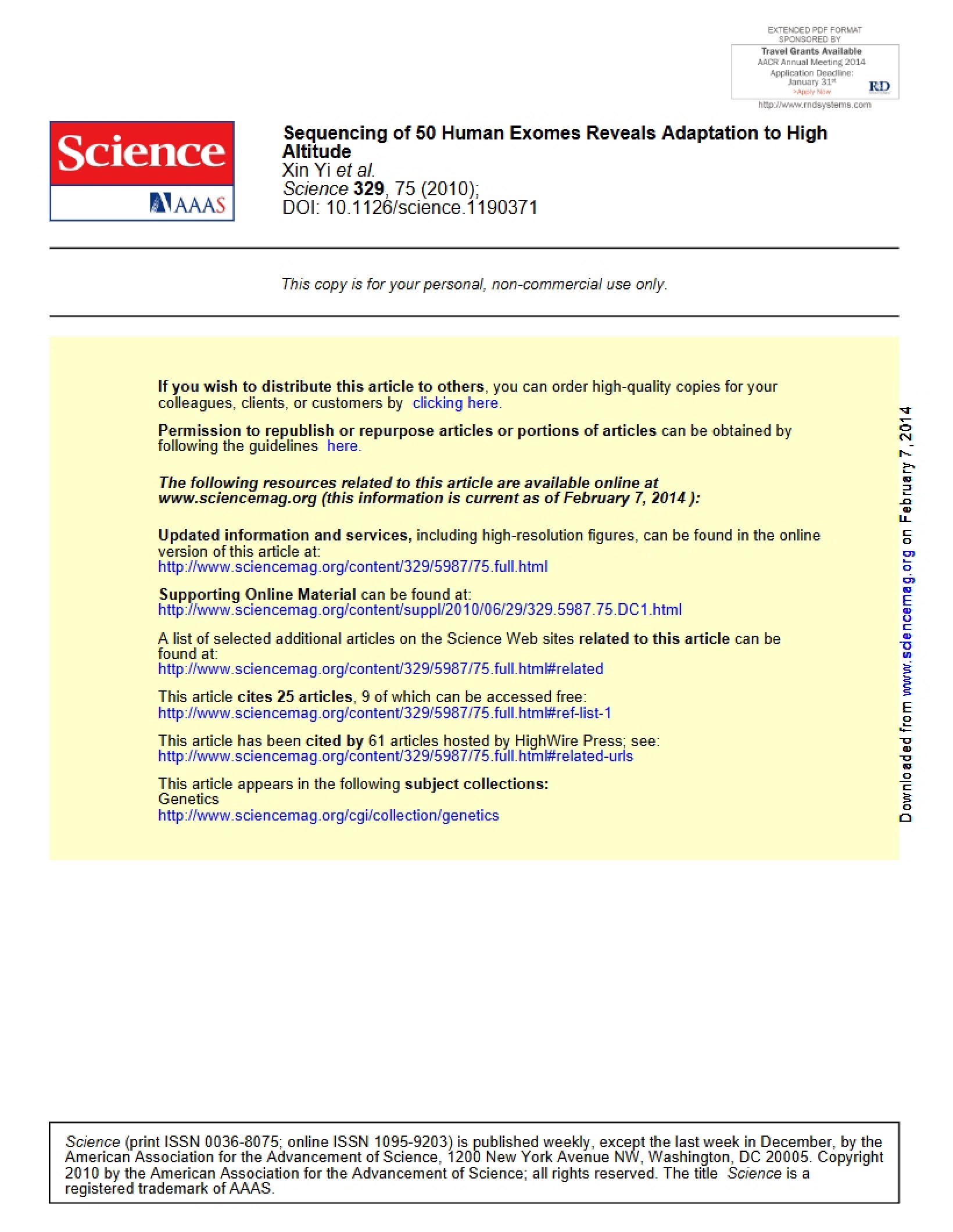 High Altitude Adaptation via Exome Sequencing