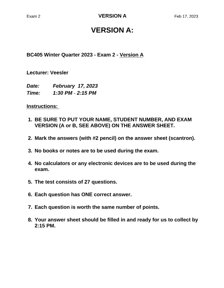 BC405 Winter 2023 Exam 2 - Version A