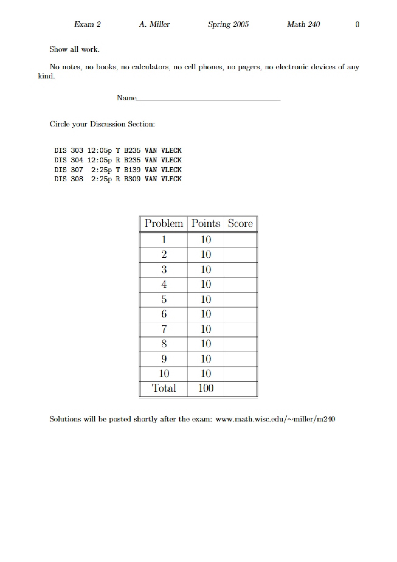 Second Exam for Math 240