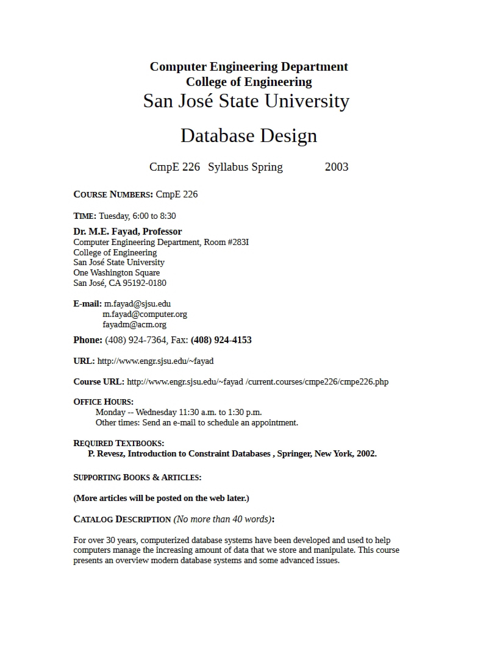 CMPE 226 Course Syllabus