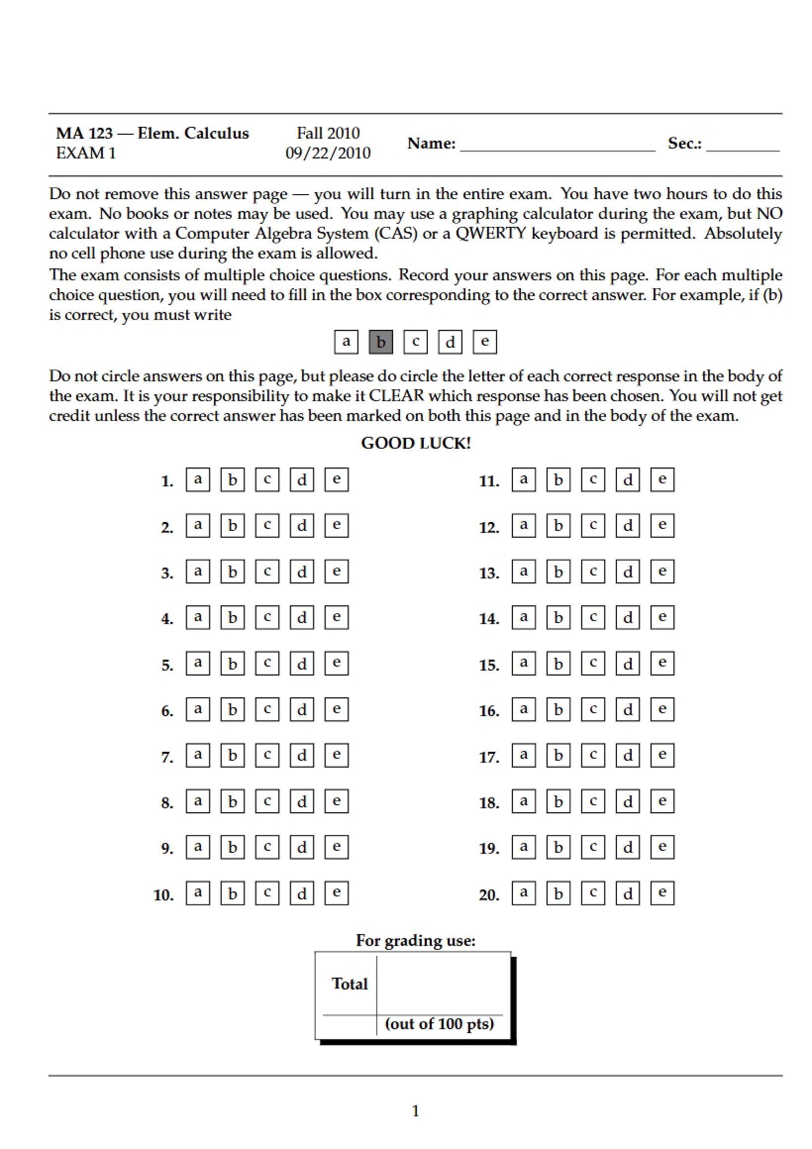 Exam 1 Elementary Calculus
