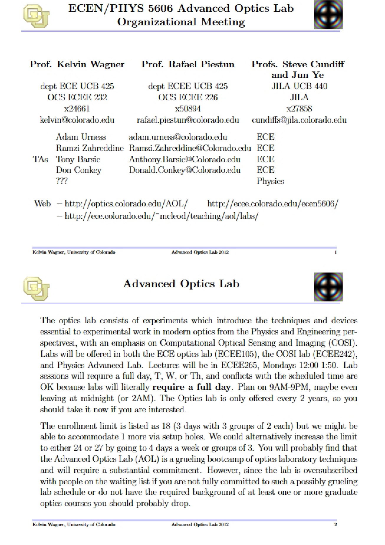 Optics Laboratory Syllabus
