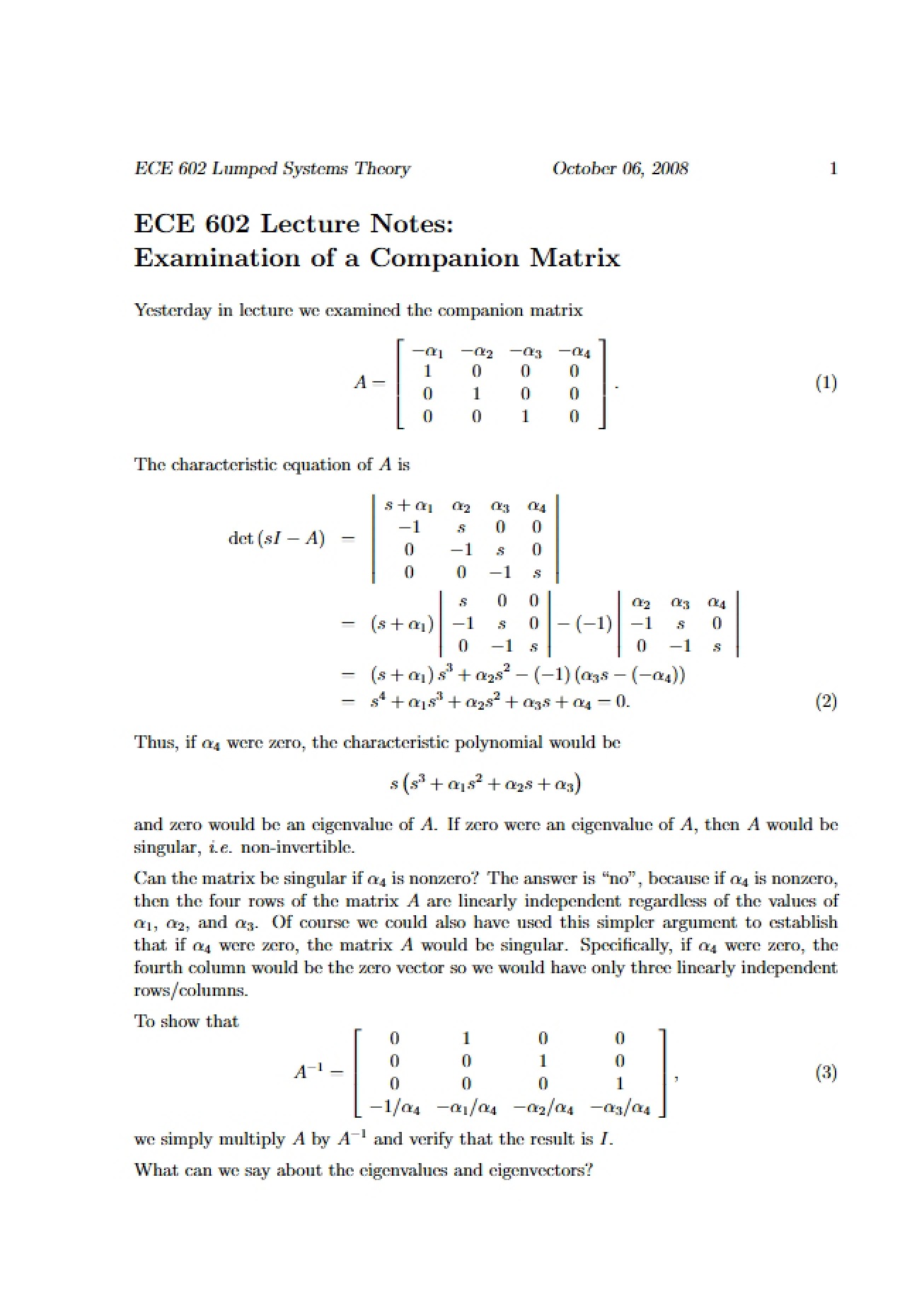 Companion Matrix Examination Notes