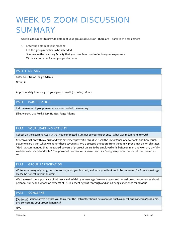 Summary of Week 05 Zoom Discussion