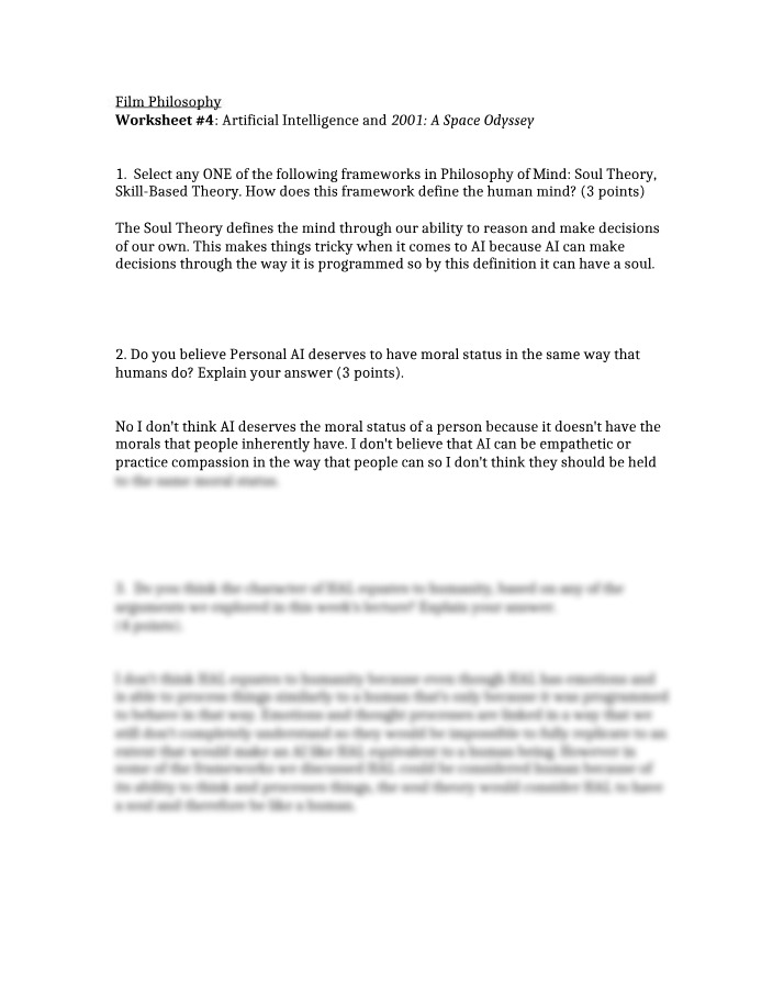 Worksheet 4 - 2001 - A Space Odyssey and Artificial Intelligence