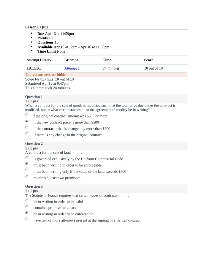 Contracts Quiz - Statute of Frauds