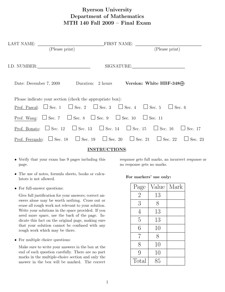 MTH140 Final Exam (Fall 2009)