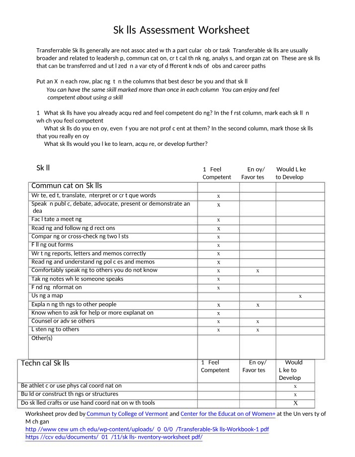 Worksheet for Skills Assessment