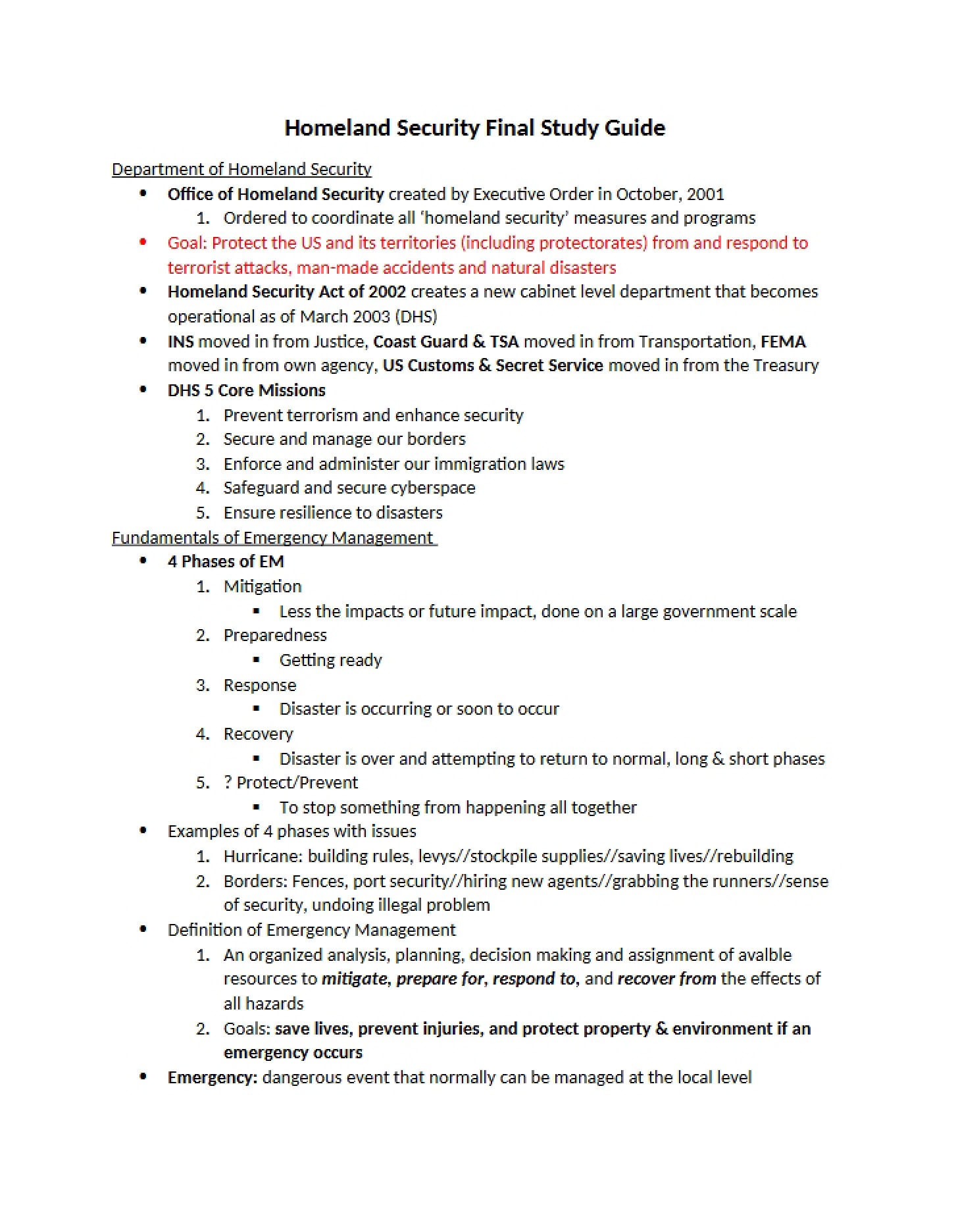 Study Guide for Homeland Security Final
