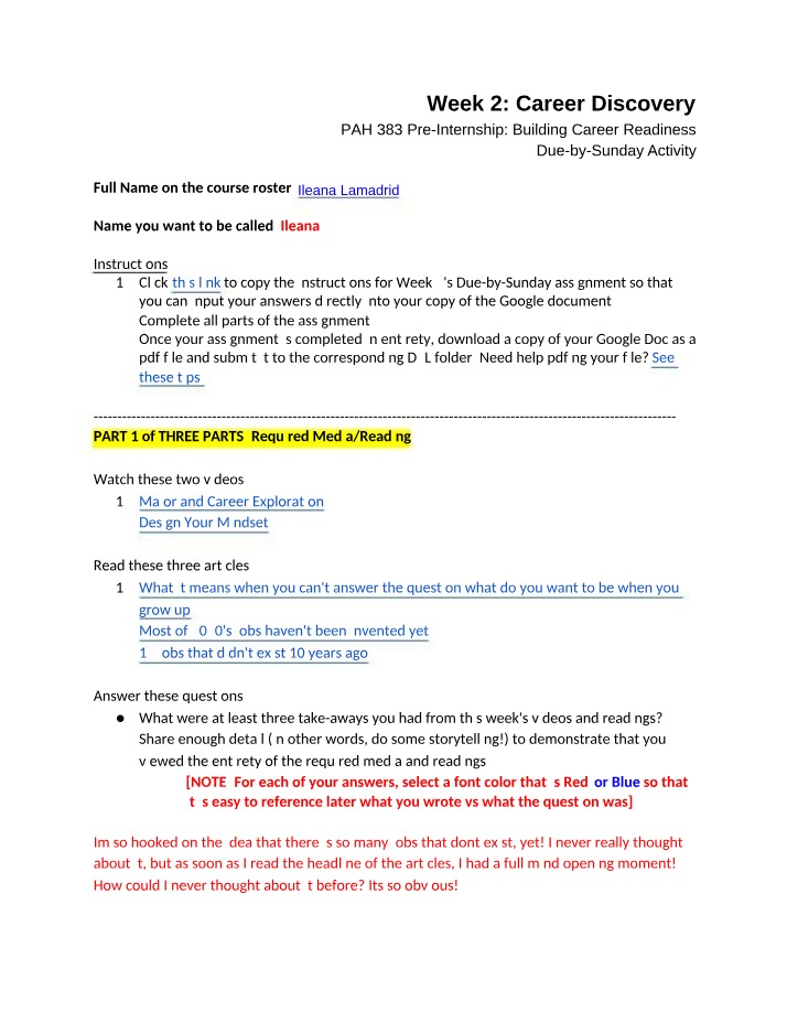 Week 2 Assignment - Career Discovery