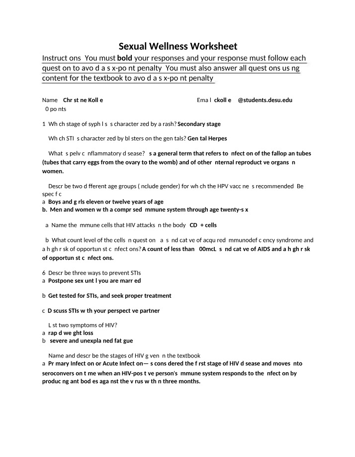 Worksheet on Sexual Wellness
