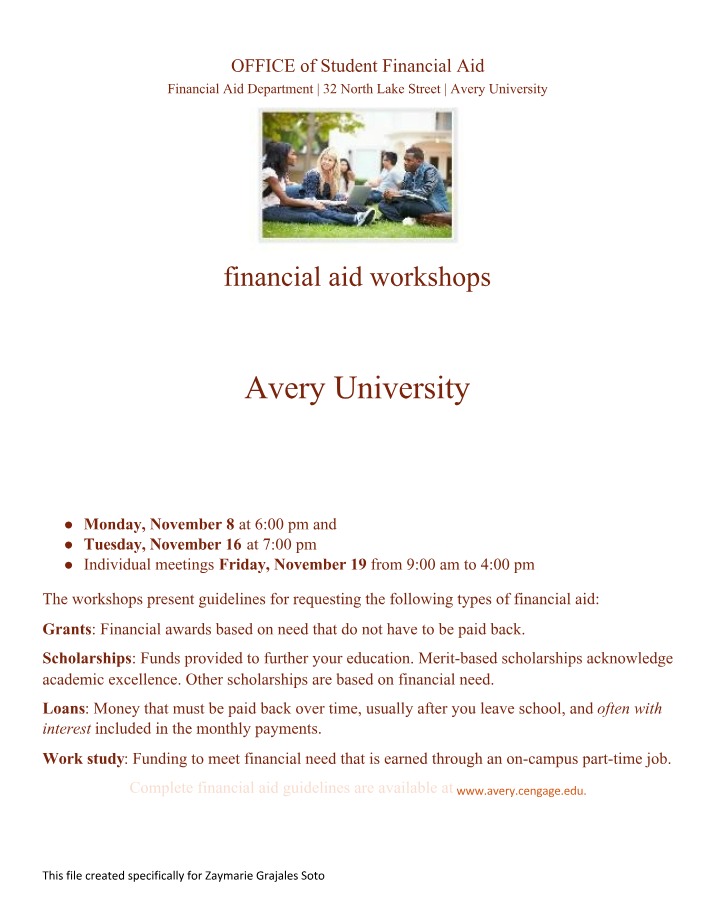 Workshops on Financial Aid