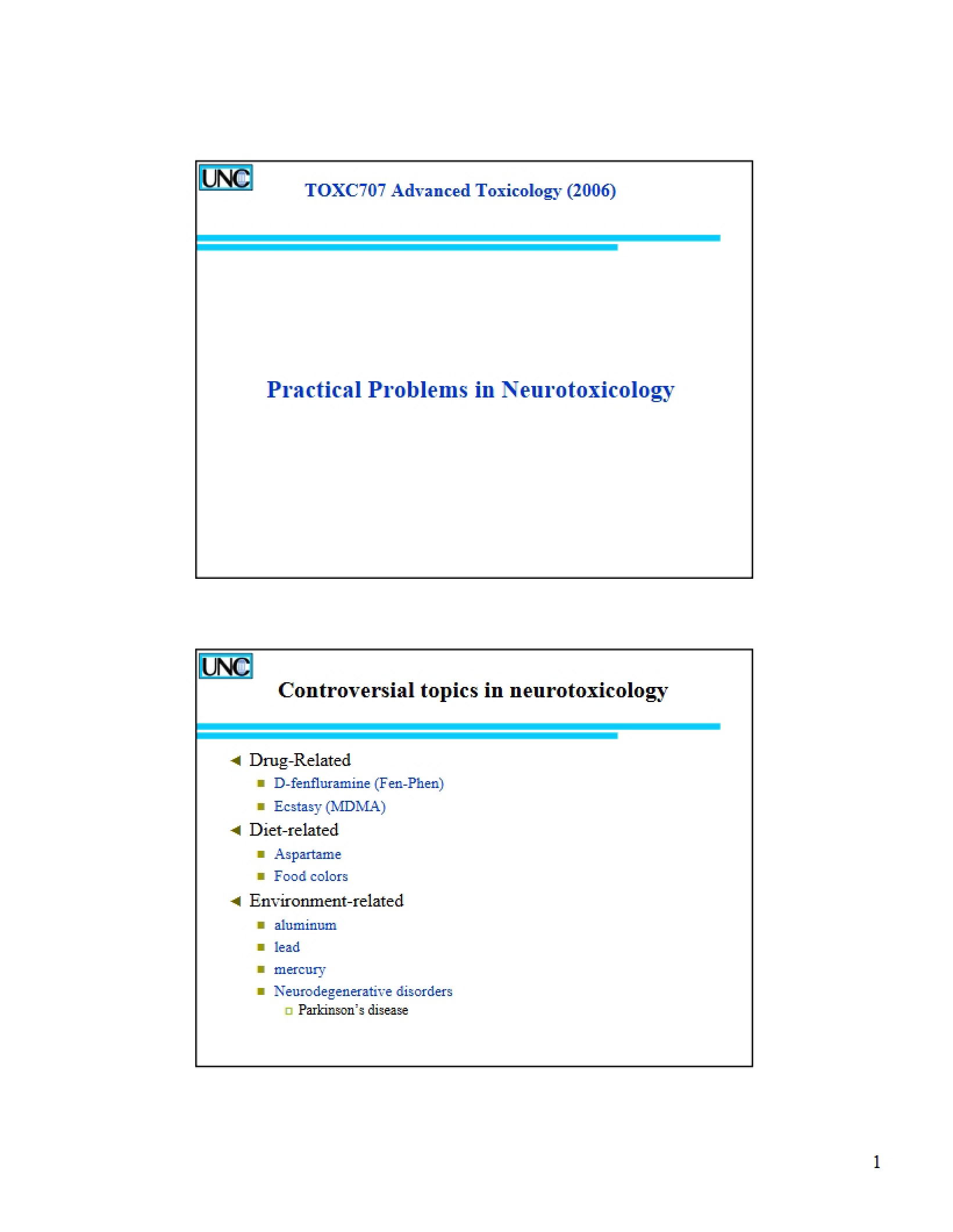 Neurotoxicology Practical Problems