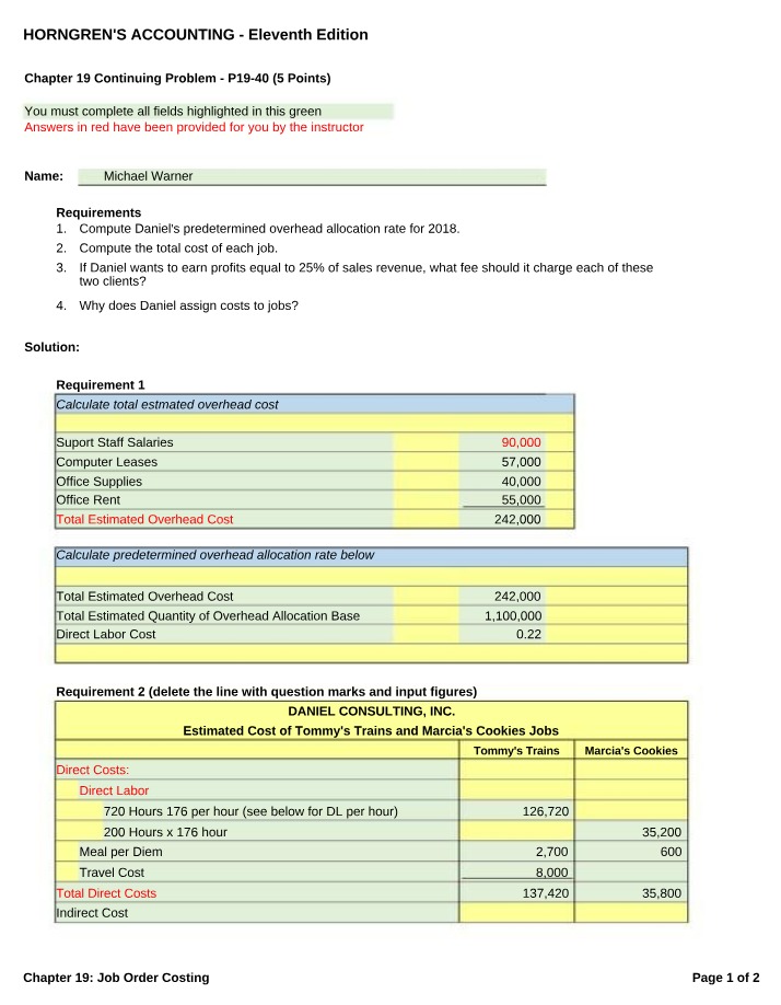 Overhead Allocation Rate and Job Costs - Horngren's P19-40