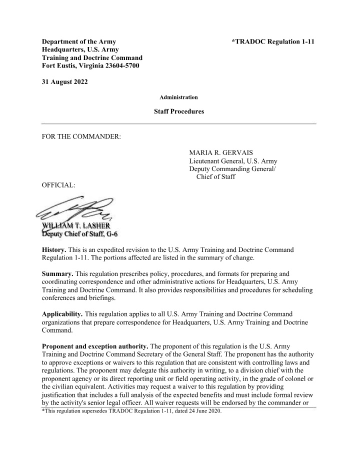Regulation 1-11 of TRADOC