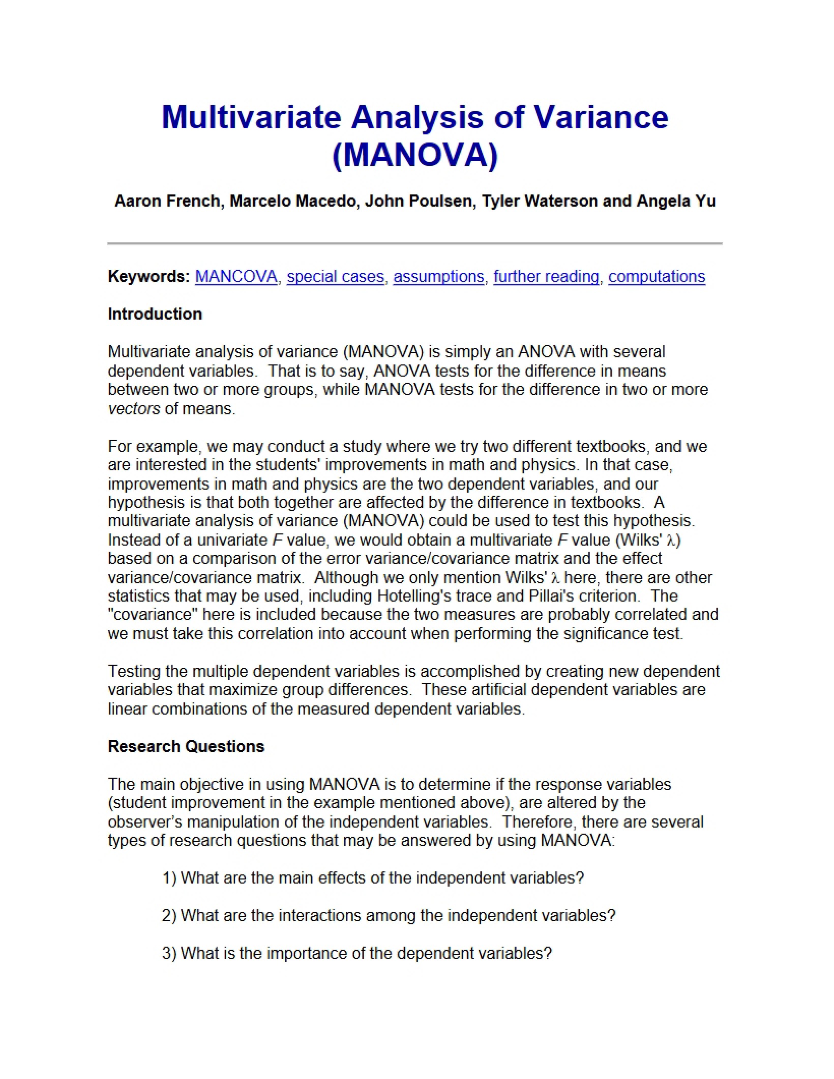 Variance Analysis Multivariate