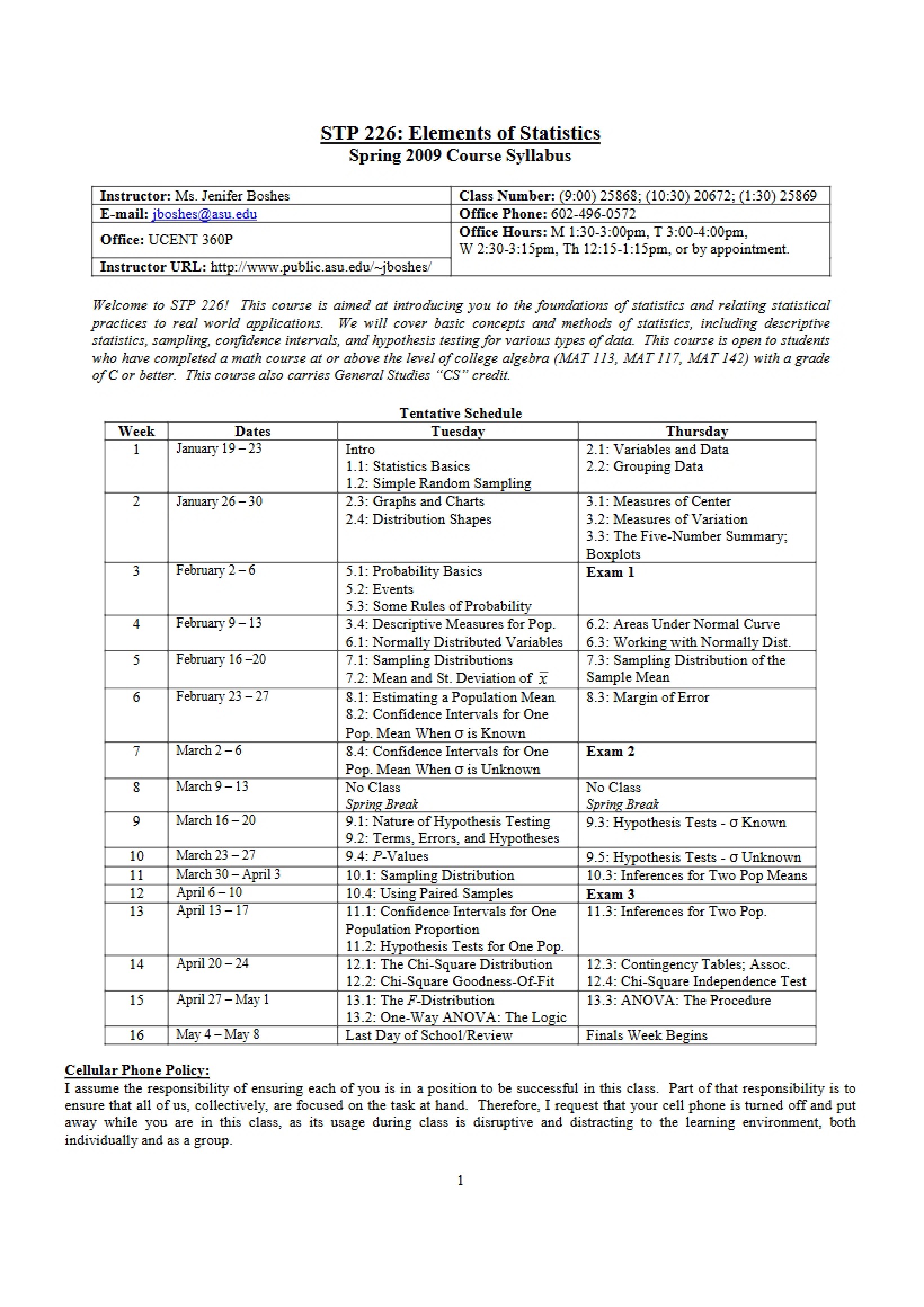 Class Syllabus Elements of Statistics