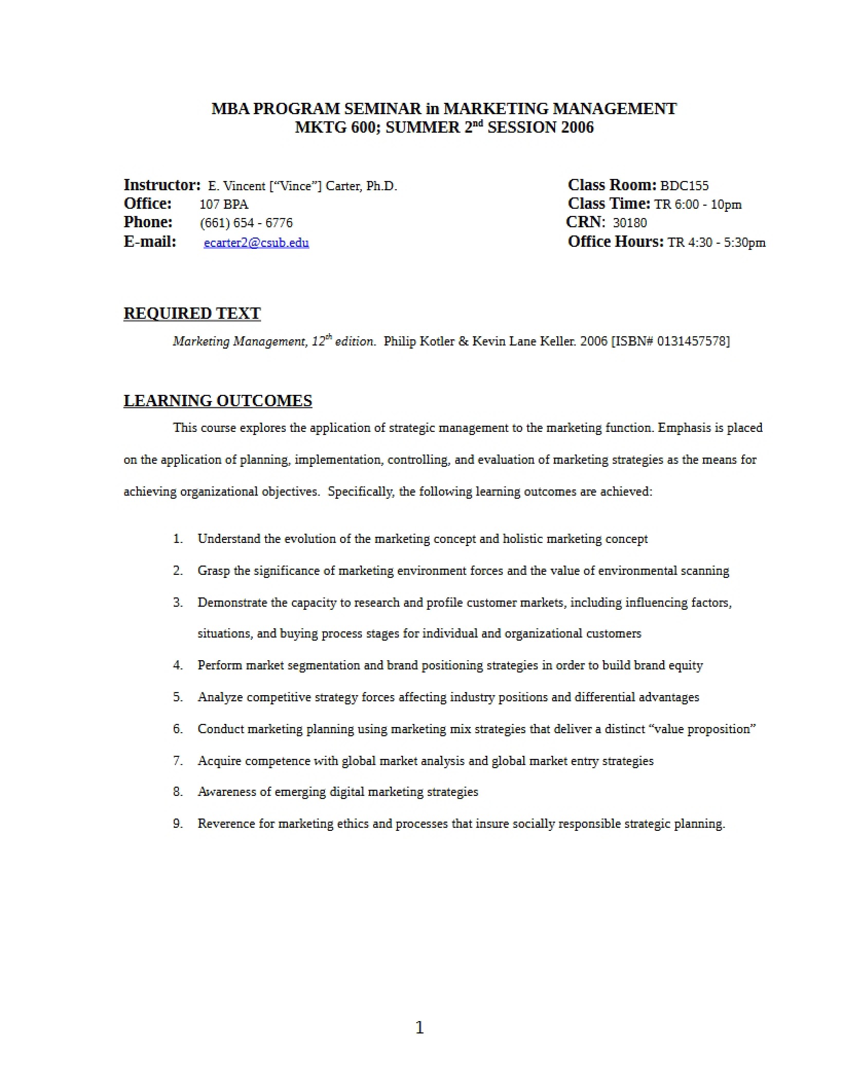 Summer 2006 Syllabus for Marketing Management
