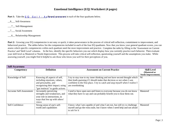 Worksheet on Emotional Intelligence
