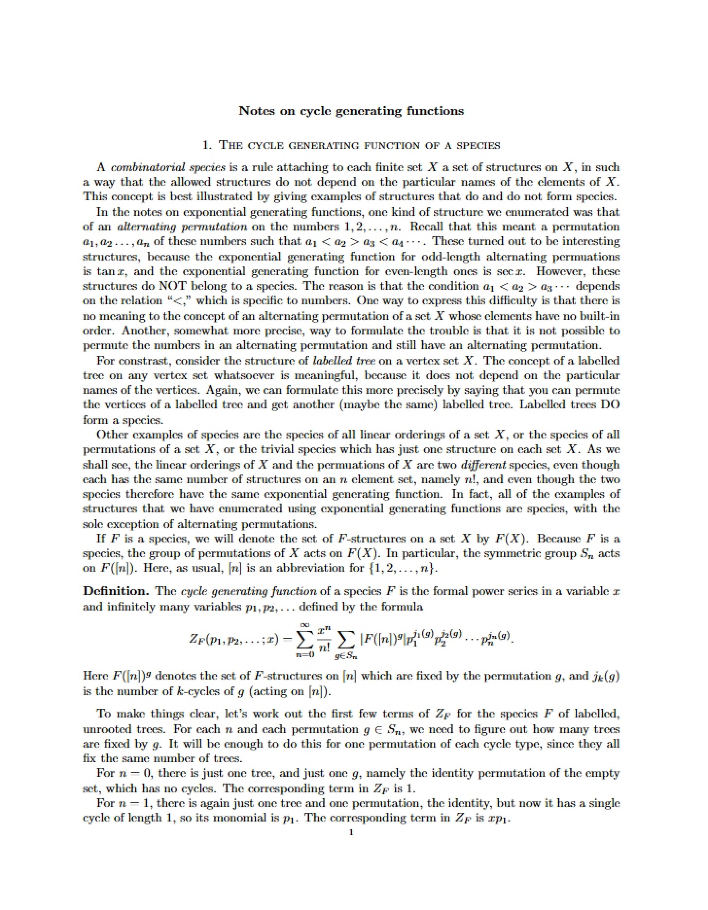 Generating Functions for Cycles Notes