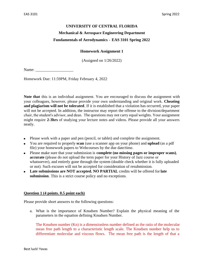 Fundamentals of Aerodynamics - Homework 1 and 2 Solutions