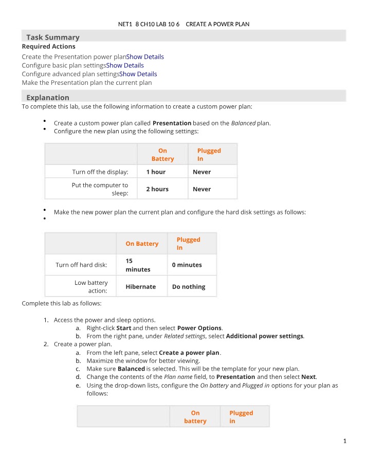 NET128 Lab 10.6.7 - Create a Power Plan
