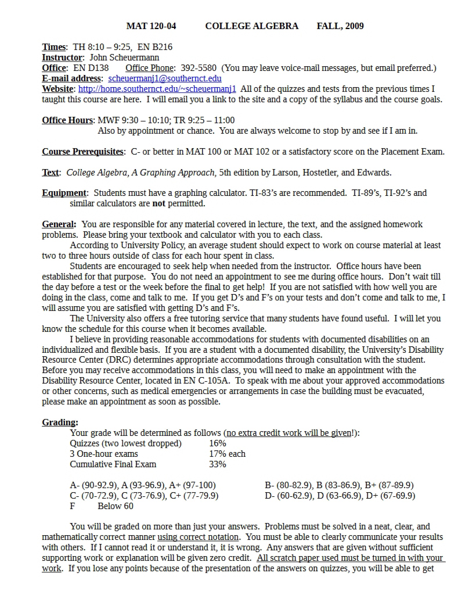 Syllabus for College Algebra