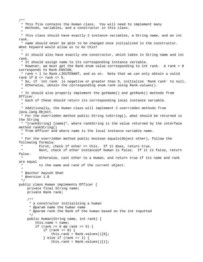 Implementing Methods, Constructor, and Variables for the Human Class