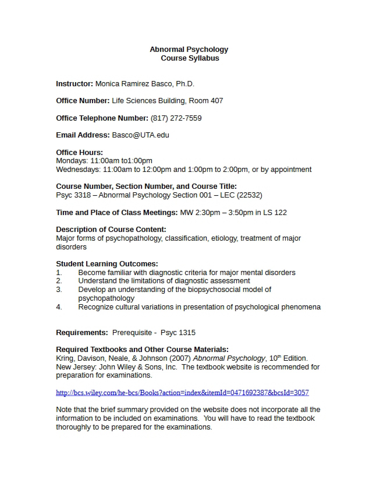 Syllabus for Abnormal Psychology