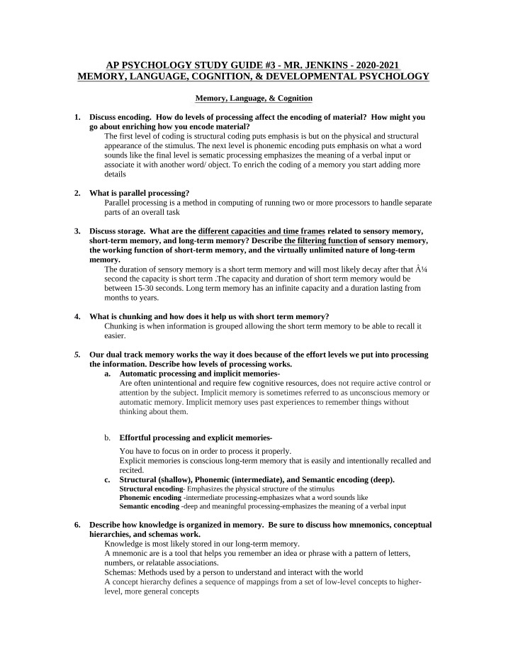 Study Guide #3 - Memory, Language, Cognition, & Developmental Psychology