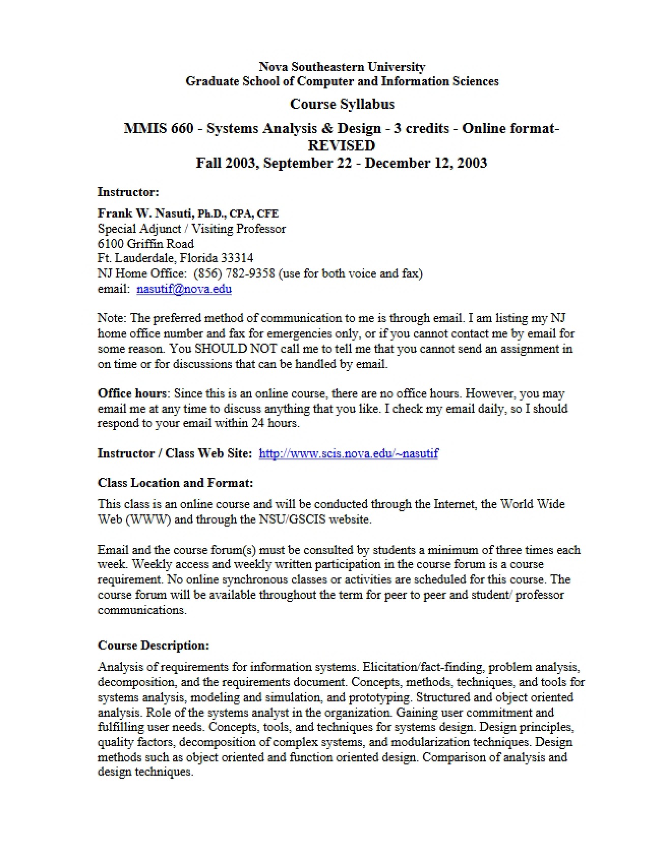 Systems Analysis Course Syllabus