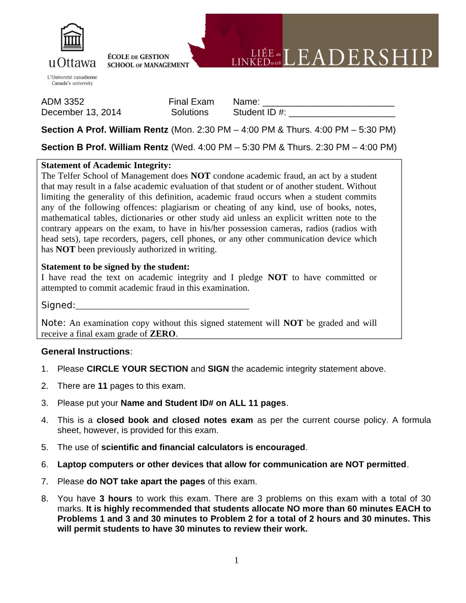ADM 3352 Final Exam Solutions Official