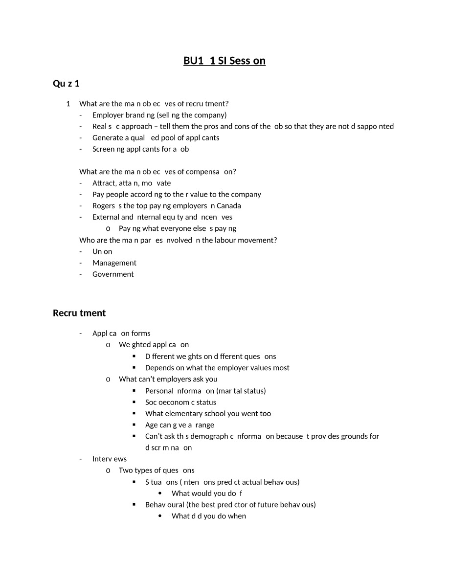 Recruitment and Compensation - BU121 SI Session Notes
