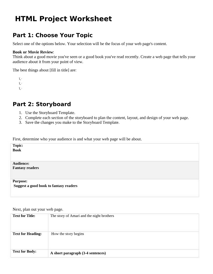 Worksheet for HTML Project