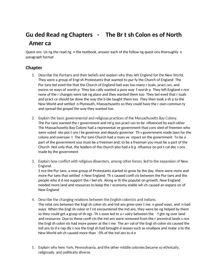 The British Colonies of North America - Guided Reading Chapters 3-5
