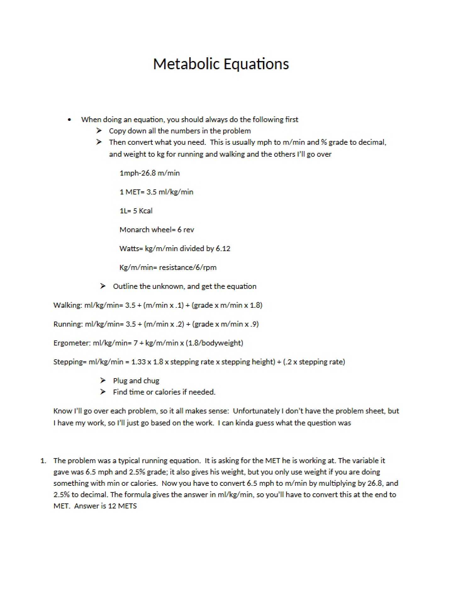 Equations for Metabolism