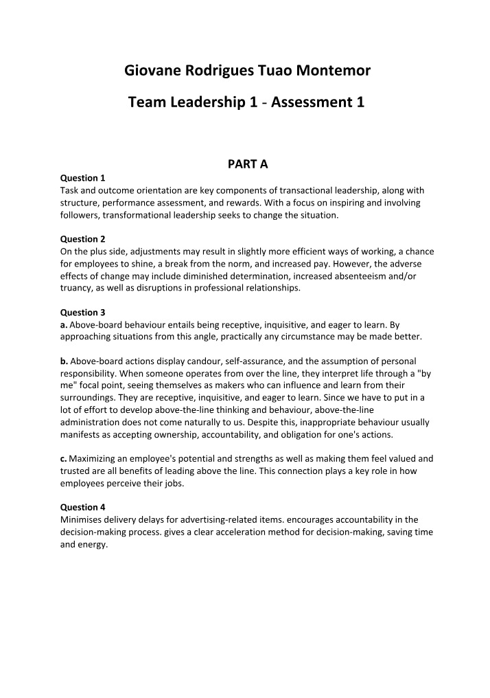 Team Leadership 1 Assessment 1 Alpha
